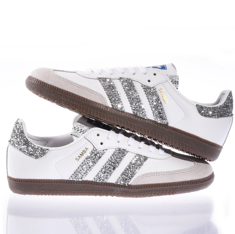 adidas Samba White Sneakers with Silver Glitter Stripes