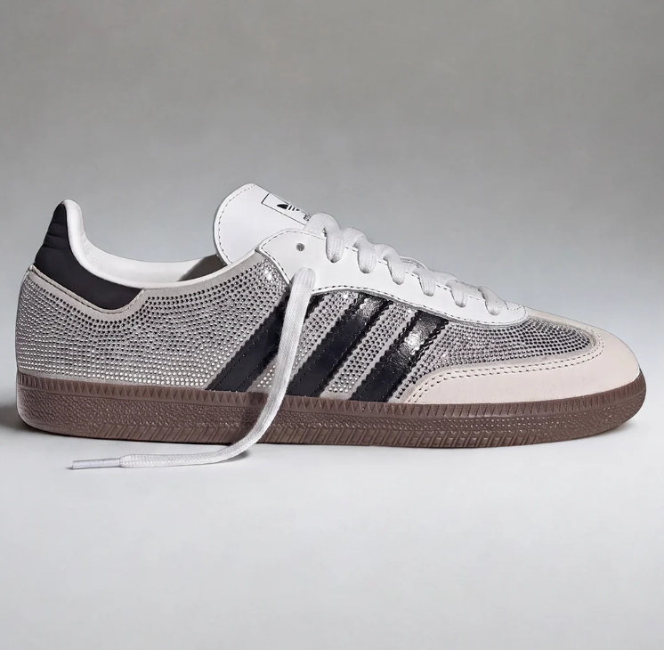 adidas Silver Rhinestone-Style Low-Top Sneakers with Black Stripes
