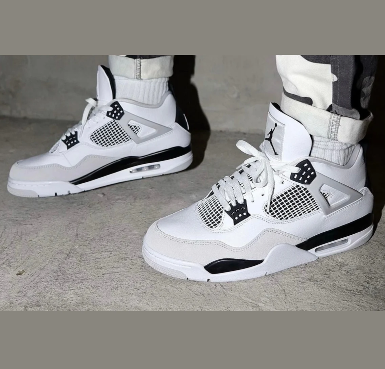 Air Jordan White and Light Grey Sneakers with Black Accents and Grid Panels