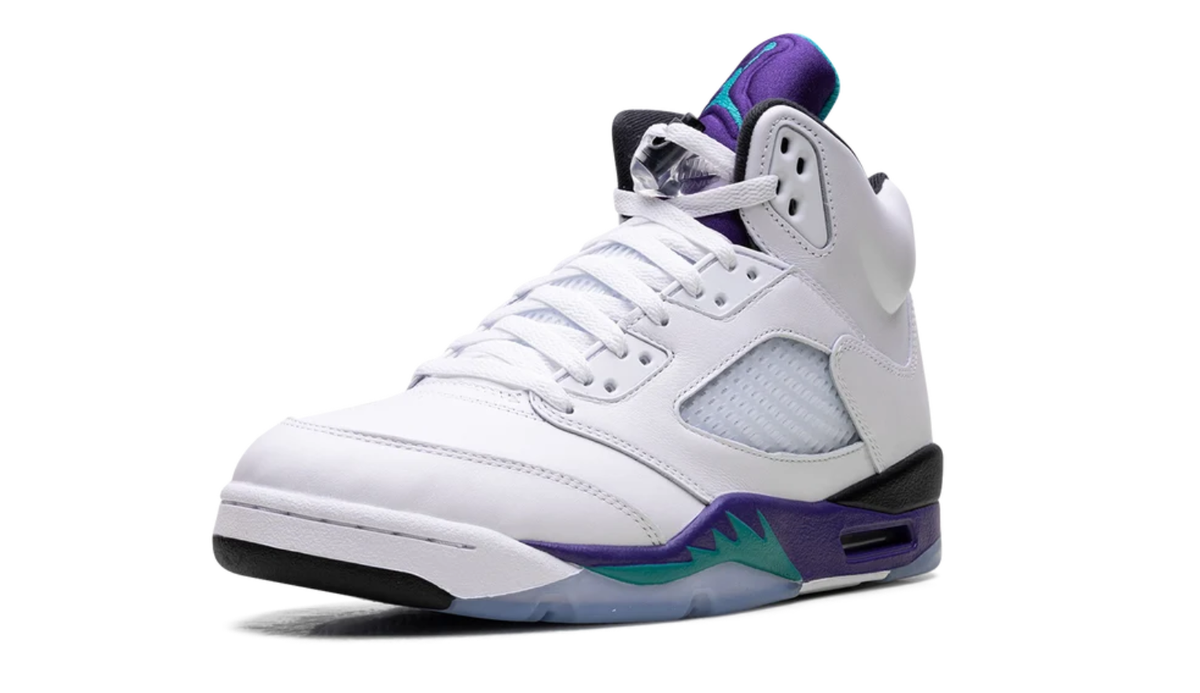 Air Jordan White High-Top Sneakers with Purple and Teal Accents