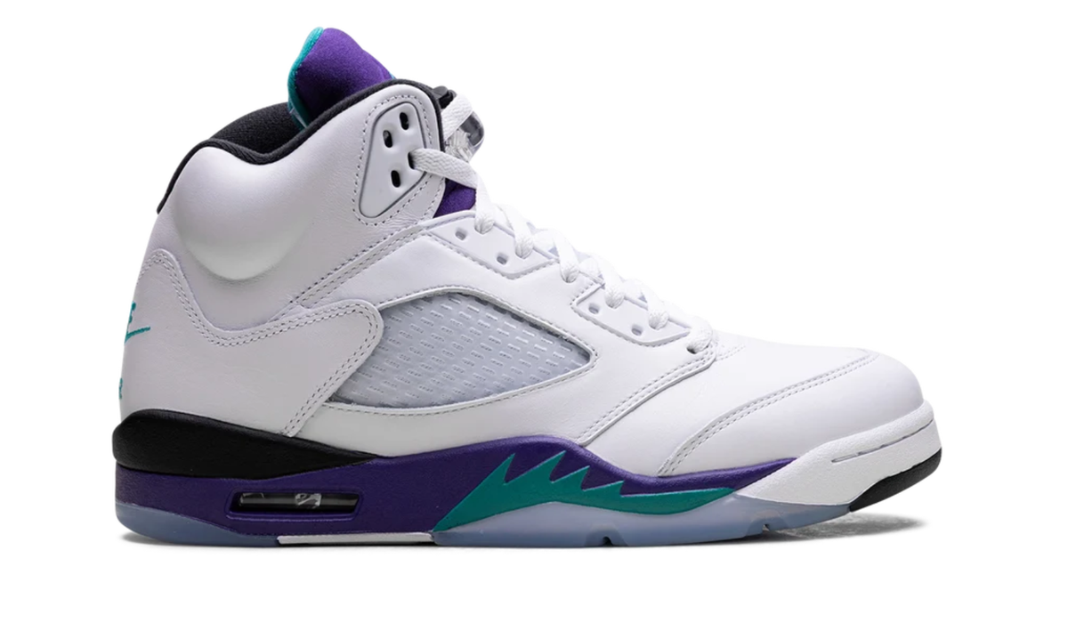 Air Jordan White High-Top Sneakers with Purple and Teal Accents