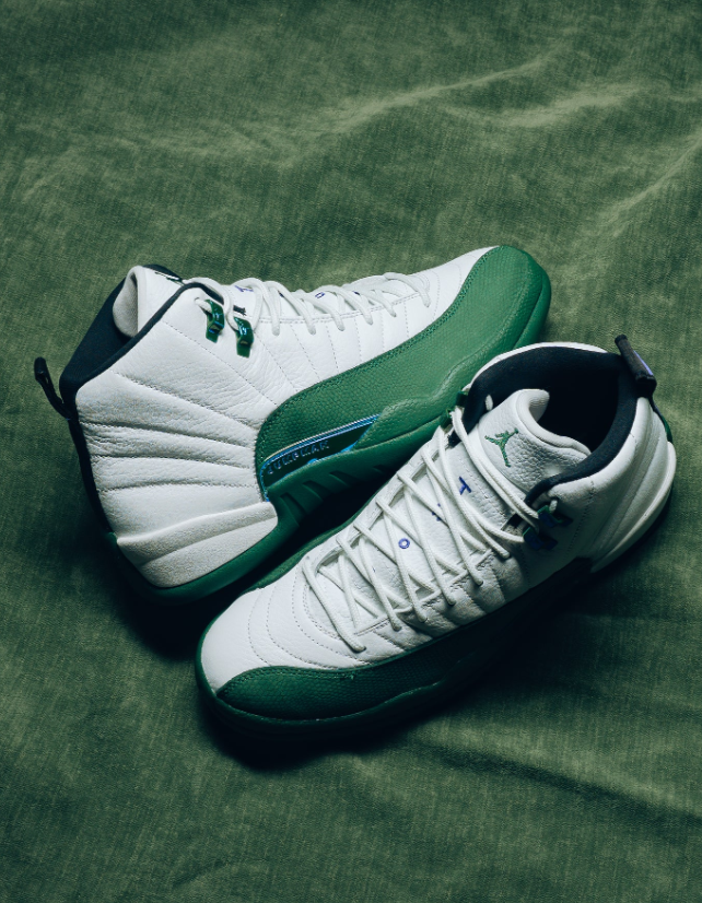 Air Jordan White and Green High-Top Sneakers with Metallic Blue Trim