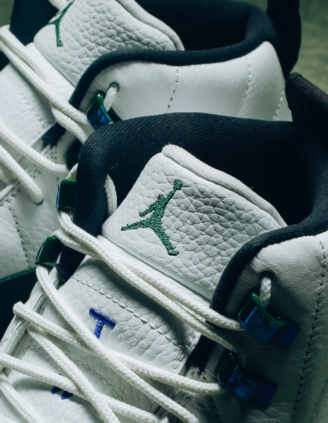 Air Jordan White and Green High-Top Sneakers with Metallic Blue Trim