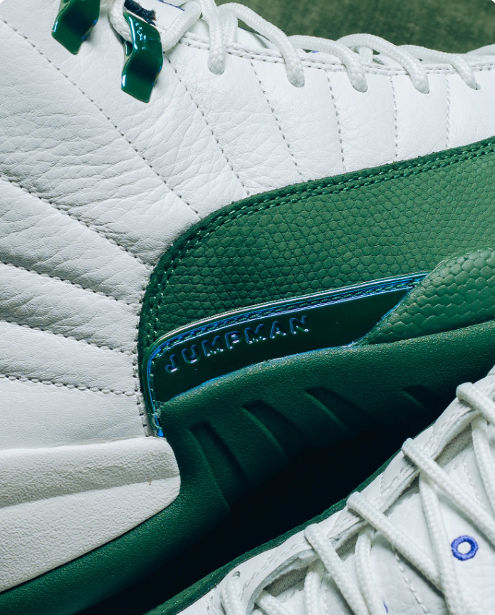 Air Jordan White and Green High-Top Sneakers with Metallic Blue Trim