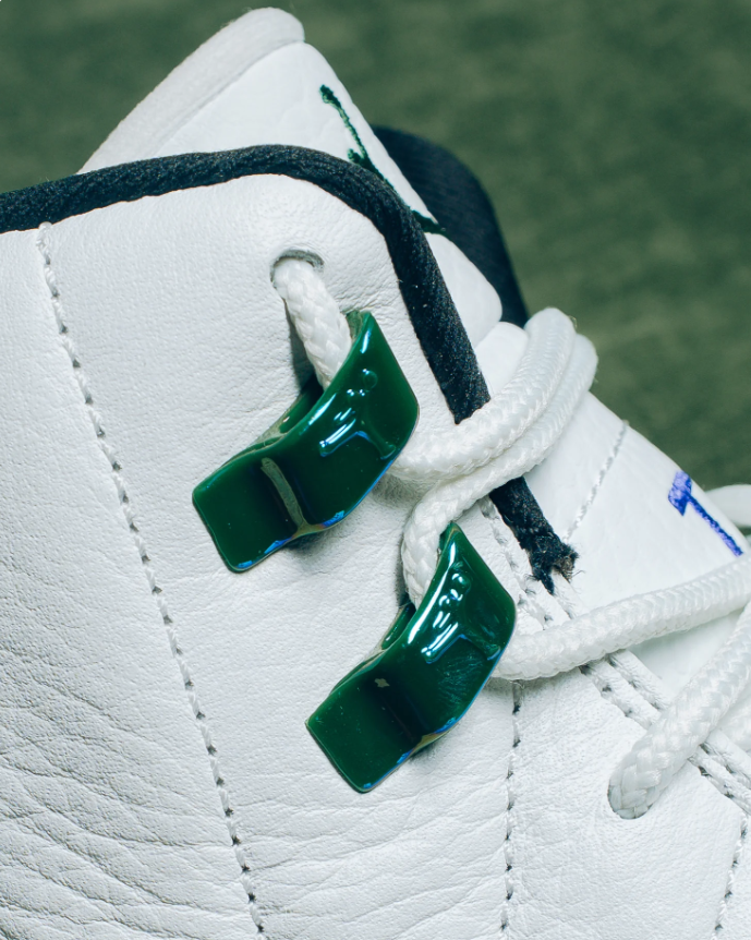 Air Jordan White and Green High-Top Sneakers with Metallic Blue Trim