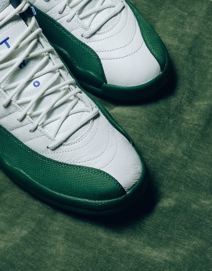 Air Jordan White and Green High-Top Sneakers with Metallic Blue Trim