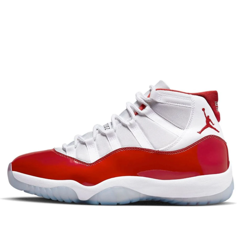 Air Jordan White and Red High-Top Sneakers with Glossy Wraparound Trim