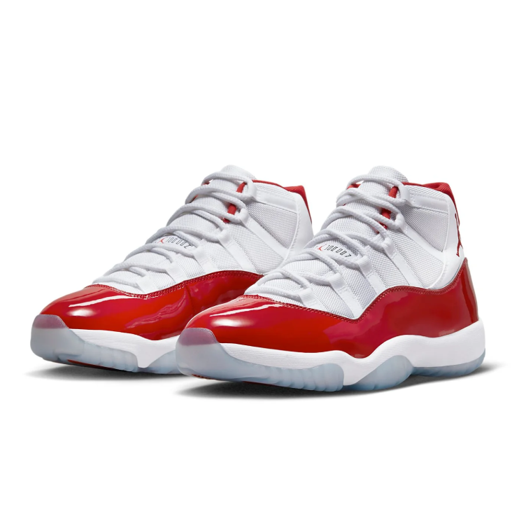 Air Jordan White and Red High-Top Sneakers with Glossy Wraparound Trim