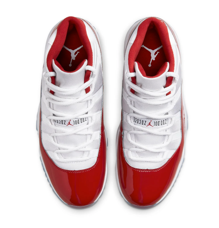 Air Jordan White and Red High-Top Sneakers with Glossy Wraparound Trim