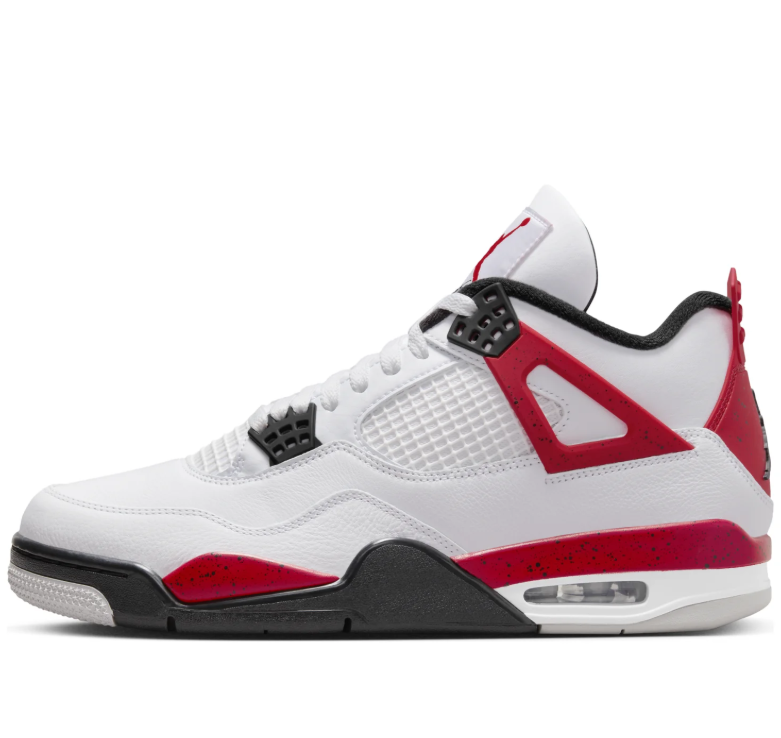 Air Jordan White Sneakers with Red Speckled Side Wings and Black Accents