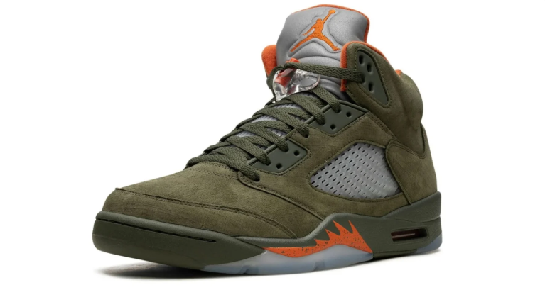 Air Jordan Olive Green High-Top Sneakers with Orange Accents and Silver-Grey Tongue