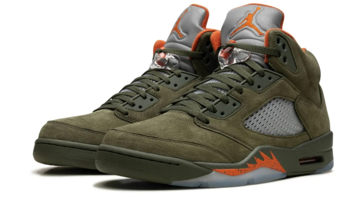 Air Jordan Olive Green High-Top Sneakers with Orange Accents and Silver-Grey Tongue