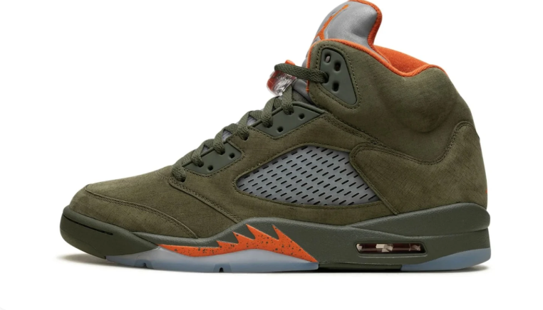 Air Jordan Olive Green High-Top Sneakers with Orange Accents and Silver-Grey Tongue