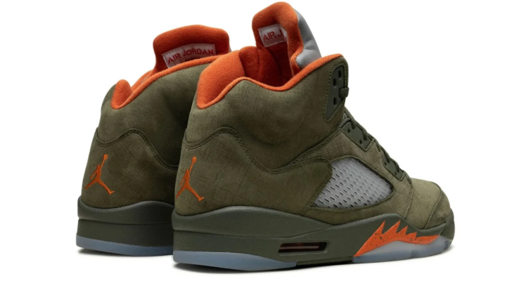 Air Jordan Olive Green High-Top Sneakers with Orange Accents and Silver-Grey Tongue