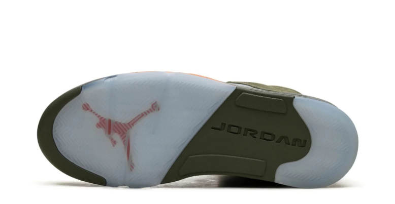 Air Jordan Olive Green High-Top Sneakers with Orange Accents and Silver-Grey Tongue