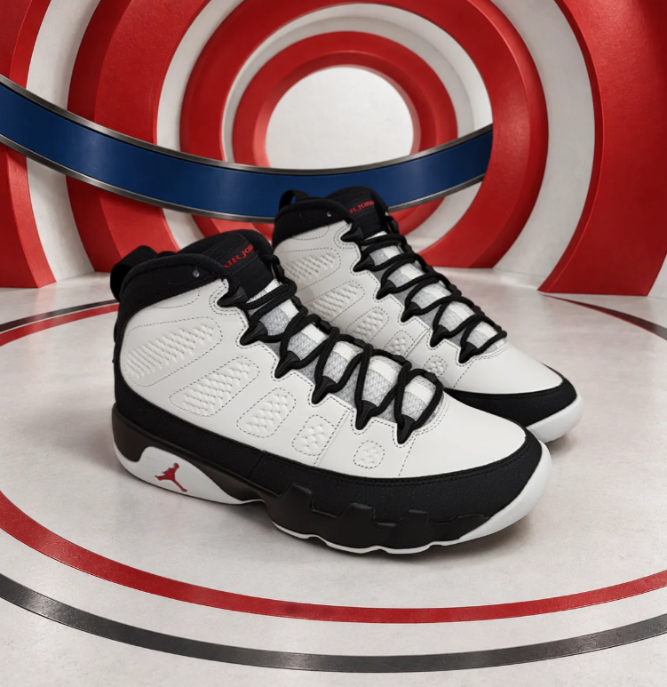 Air Jordan White and Black High-Top Sneakers with Red 23 Heel Details