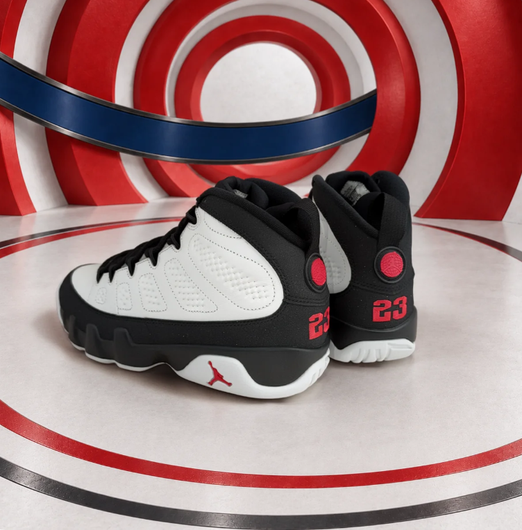 Air Jordan White and Black High-Top Sneakers with Red 23 Heel Details