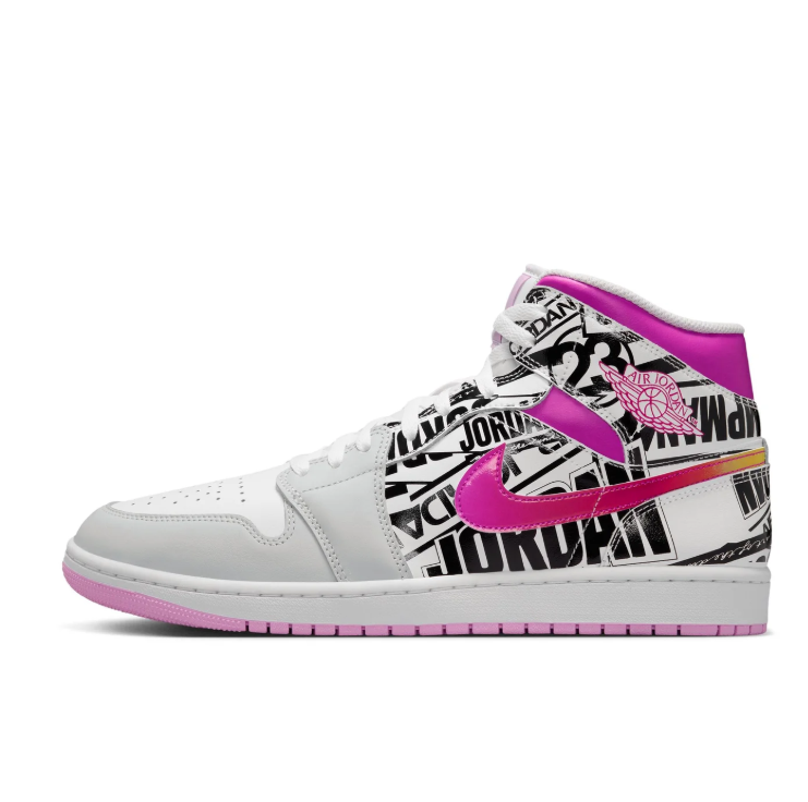 Air Jordan White and Grey Sneakers with Graphic Print and Pink Swoosh