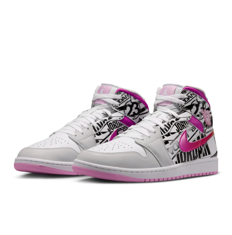Air Jordan White and Grey Sneakers with Graphic Print and Pink Swoosh