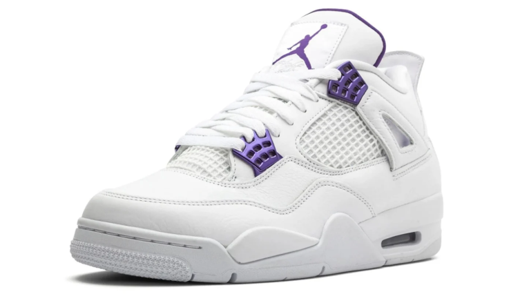 Air Jordan White Sneakers with Purple Lace Tabs and Grid Panels