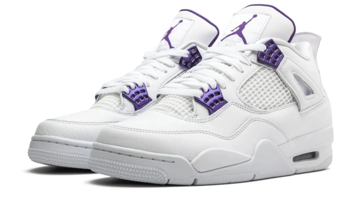 Air Jordan White Sneakers with Purple Lace Tabs and Grid Panels