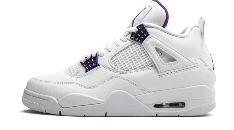 Air Jordan White Sneakers with Purple Lace Tabs and Grid Panels