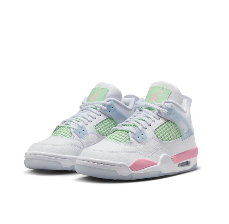 Air Jordan White Sneakers with Mint Green Grid Panels and Pink Accents