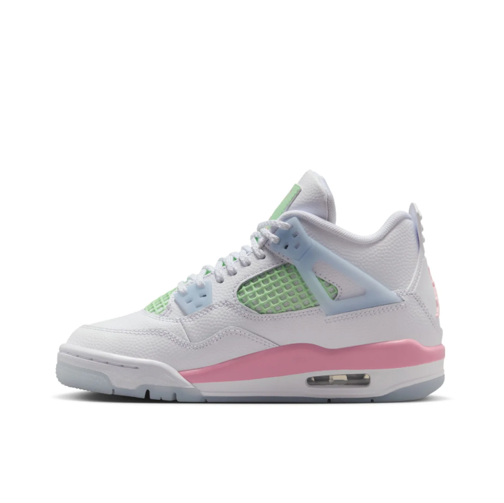 Air Jordan White Sneakers with Mint Green Grid Panels and Pink Accents