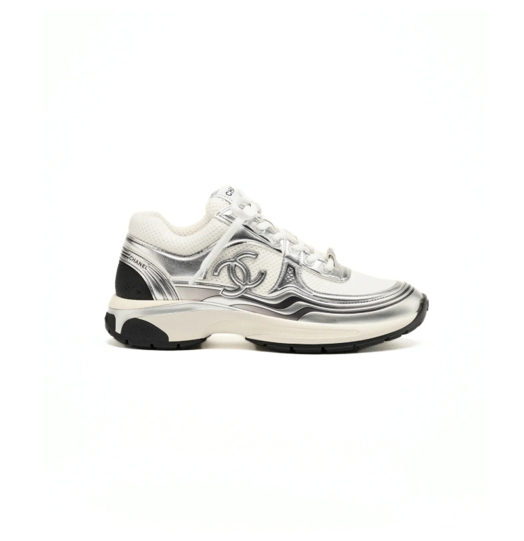 CHANEL White and Metallic Silver Chunky Sneakers with Double-C Logo