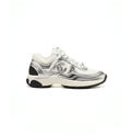 CHANEL White and Metallic Silver Chunky Sneakers with Double-C Logo