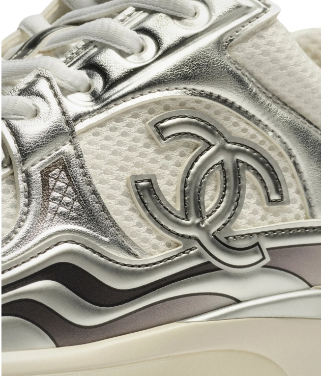 CHANEL White and Metallic Silver Chunky Sneakers with Double-C Logo