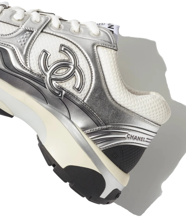 CHANEL White and Metallic Silver Chunky Sneakers with Double-C Logo