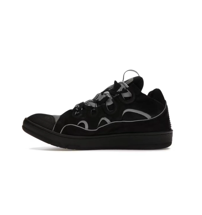 Black Low-Top Sneakers with Grey Trim and Patterned Laces
