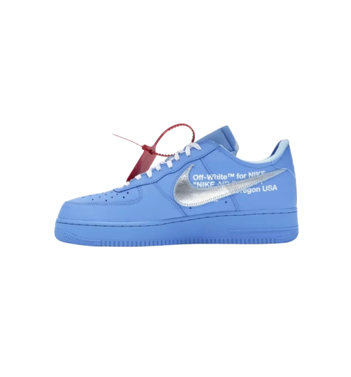 Blue Low-Top Sneakers with Metallic Silver Swoosh and Red Zip-Tie Detail