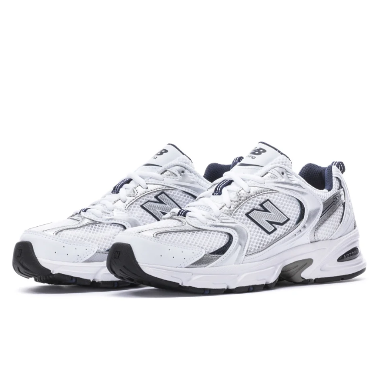 New Balance 530 White and Silver Mesh Sneakers with Dark Trim