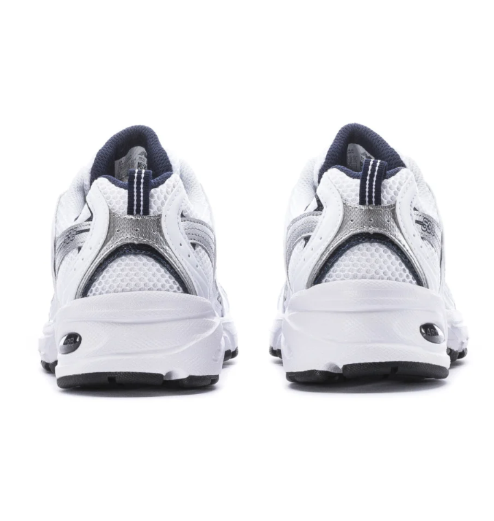 New Balance 530 White and Silver Mesh Sneakers with Dark Trim