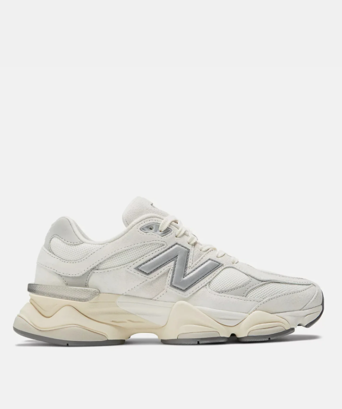 New Balance White and Cream Sneakers with Silver N Logo and Chunky Sole
