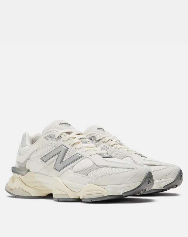 New Balance White and Cream Sneakers with Silver N Logo and Chunky Sole