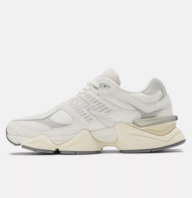 New Balance White and Cream Sneakers with Silver N Logo and Chunky Sole