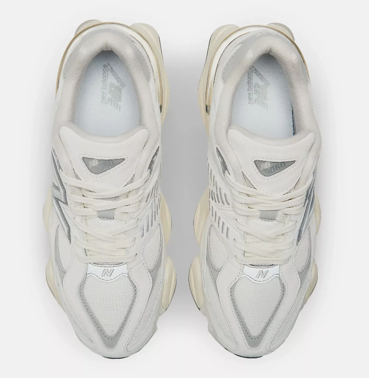 New Balance White and Cream Sneakers with Silver N Logo and Chunky Sole