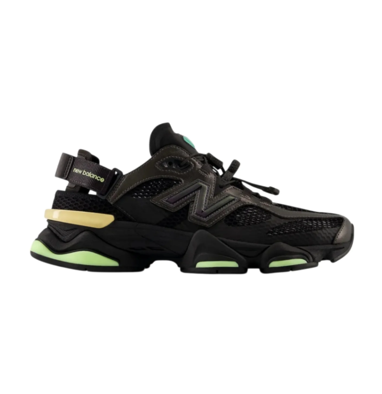New Balance Black Mesh Sneakers with Lime Accents and Segmented Chunky Sole