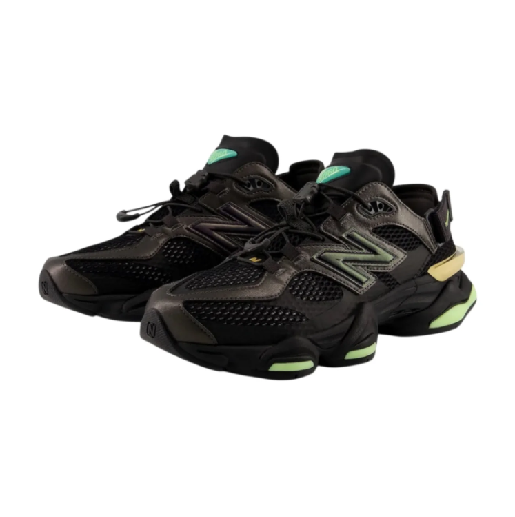 New Balance Black Mesh Sneakers with Lime Accents and Segmented Chunky Sole