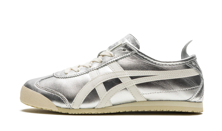 Onitsuka Tiger Metallic Silver Low-Top Sneakers with Cream Side Stripes