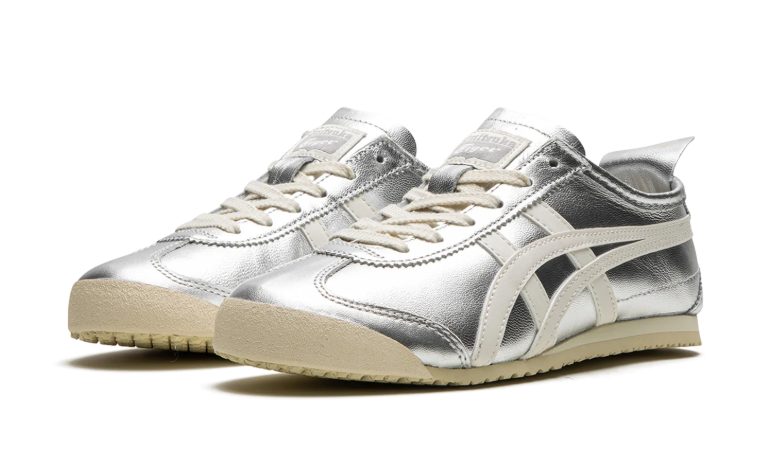Onitsuka Tiger Metallic Silver Low-Top Sneakers with Cream Side Stripes