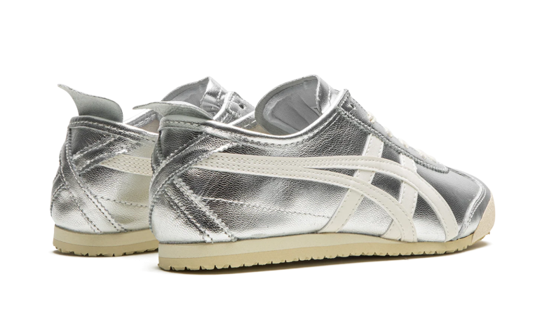 Onitsuka Tiger Metallic Silver Low-Top Sneakers with Cream Side Stripes