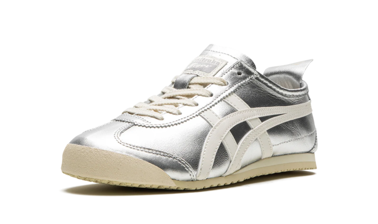 Onitsuka Tiger Metallic Silver Low-Top Sneakers with Cream Side Stripes