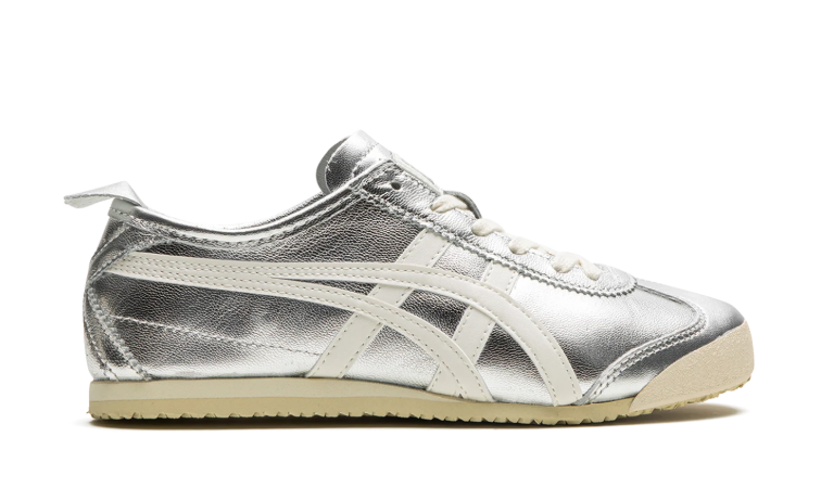 Onitsuka Tiger Metallic Silver Low-Top Sneakers with Cream Side Stripes