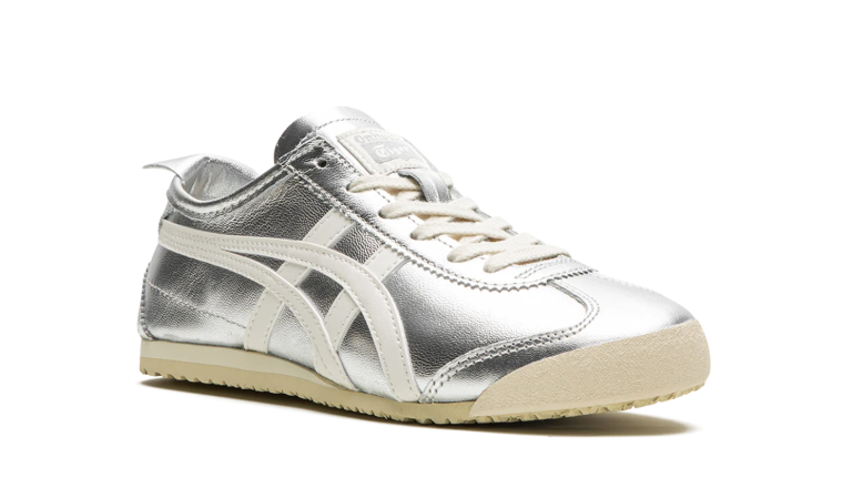 Onitsuka Tiger Metallic Silver Low-Top Sneakers with Cream Side Stripes