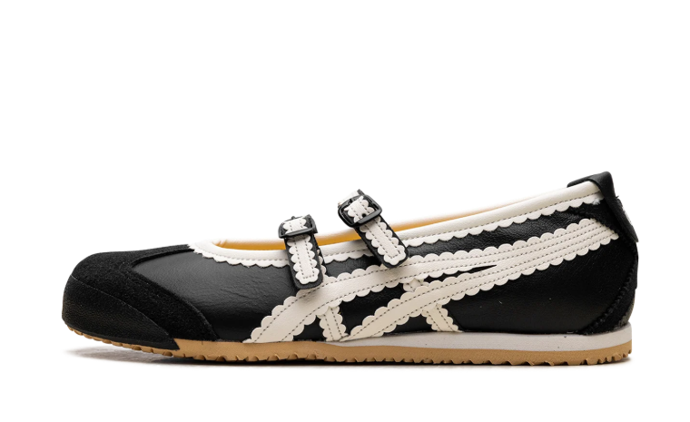 Onitsuka Tiger Black Mary Jane Shoes with Cream Scalloped Stripes and Double Buckles