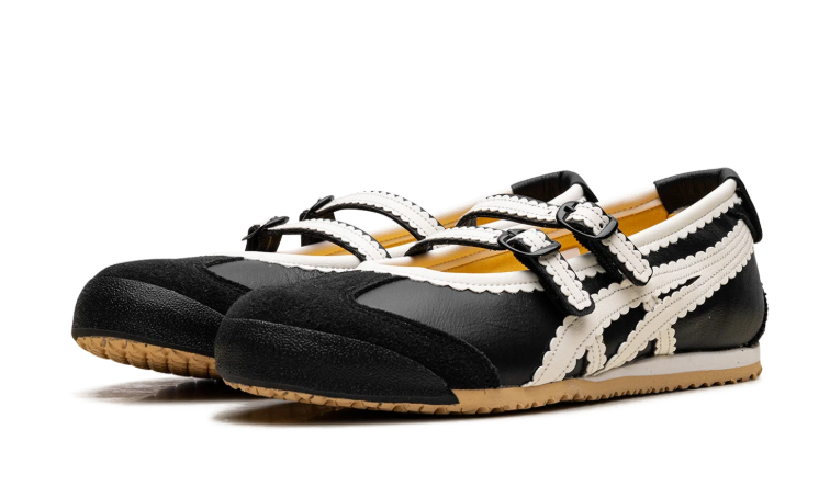 Onitsuka Tiger Black Mary Jane Shoes with Cream Scalloped Stripes and Double Buckles